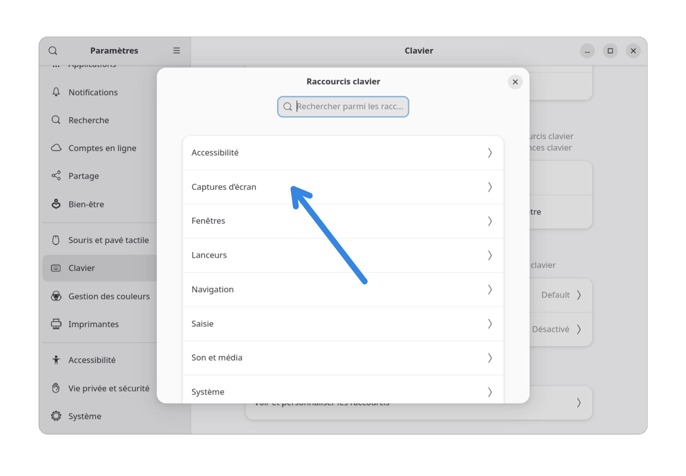 Fenêtre des Raccourcis clavier