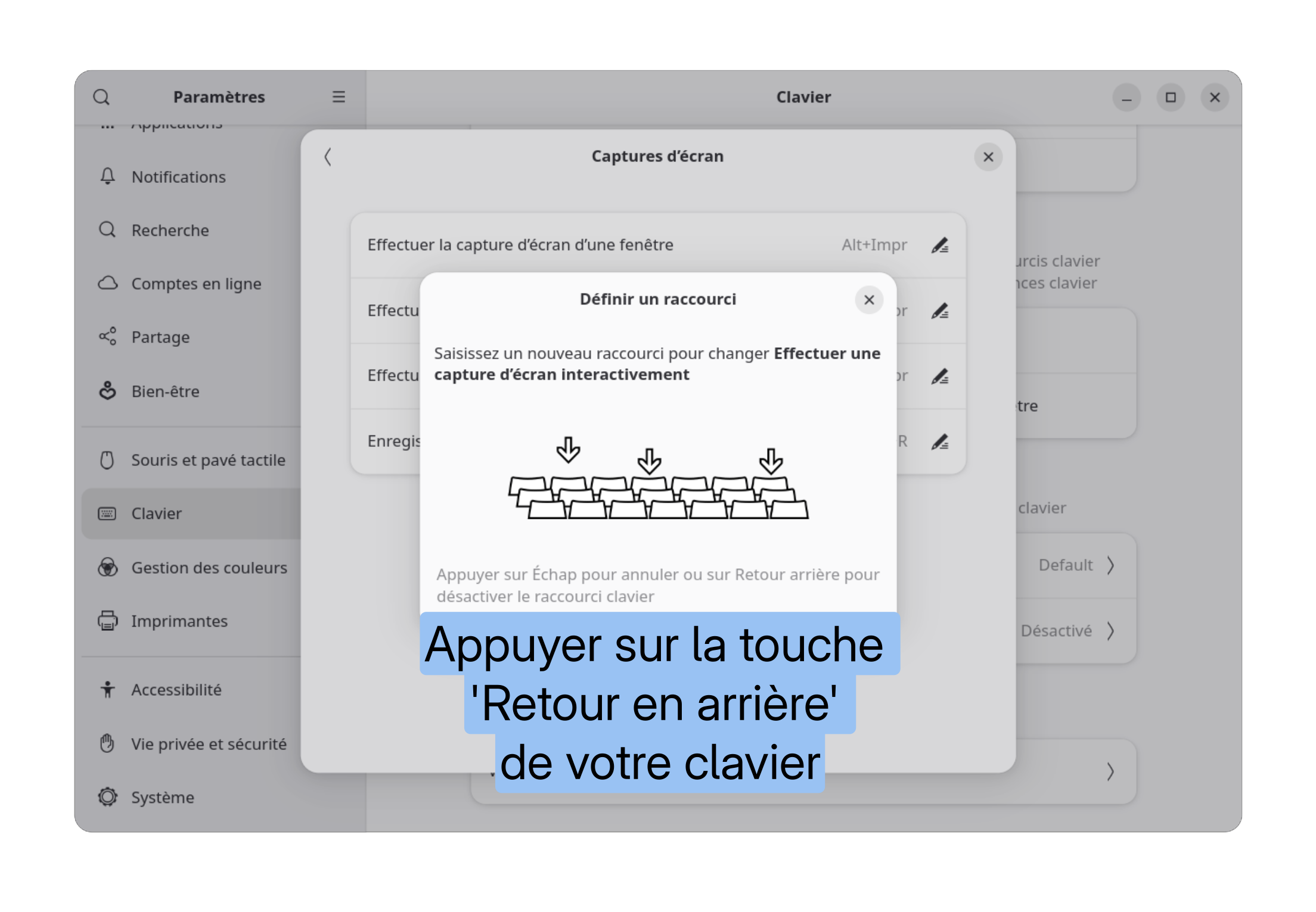 Fenêtre ou le système demande la nouvelle touche de raccourci. Touche Retour en arrière pour supprimer le raccourci