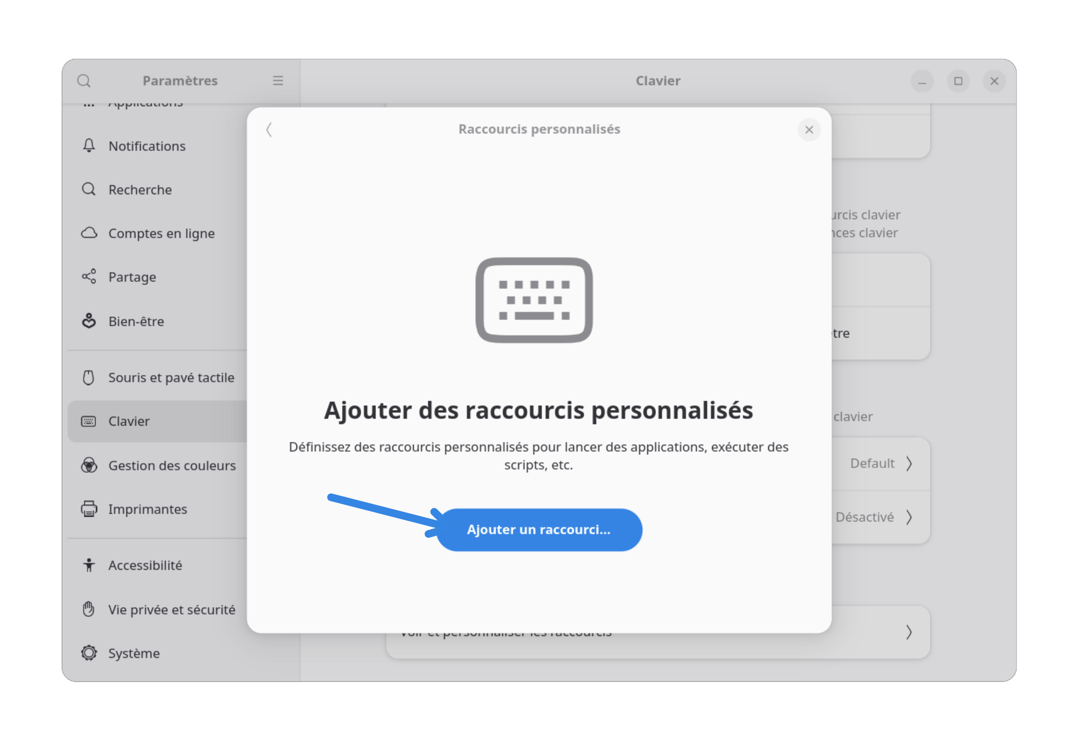 Fenêtre pour ajouter des raccourcis clavier