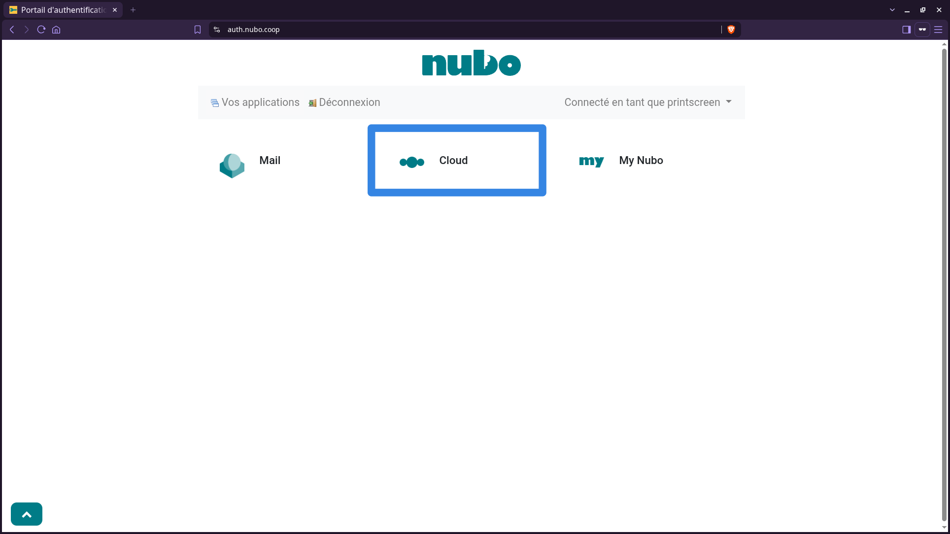 Page des différentes publications de Nubo, à savoir, Mail, Cloud et les informations de son compte Nubo (My Nubo). 4 tabulation pour choisir le lien vers le Cloud.
