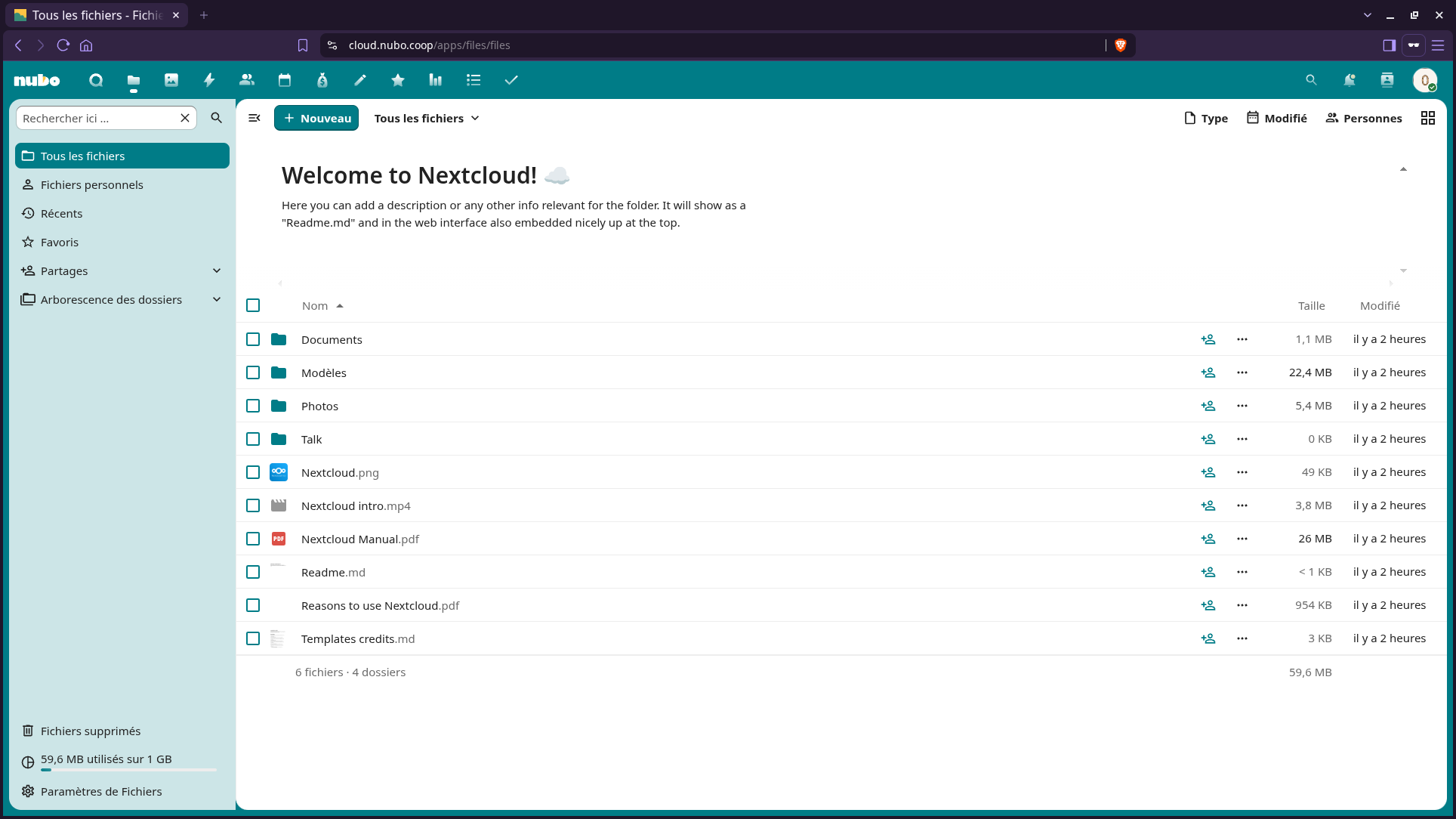 Page principale du cloud de Nubo. Il s’agit d’une instance Nextcloud.