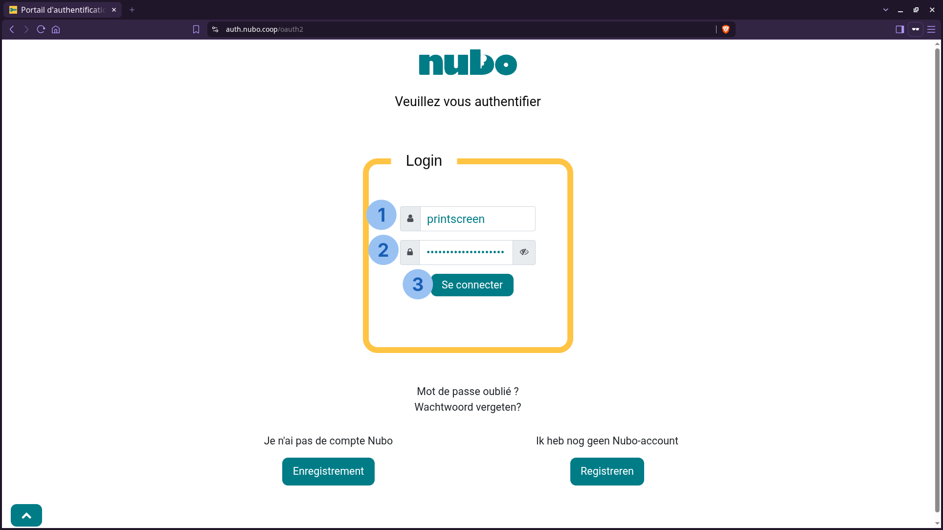 La page de login de Nubo. Identifiant (id=“userfield”) en première tabulation, mot de passe (id=“passwordfield”) en 2e tabulation et bouton Se connecter en 3e tabulation.