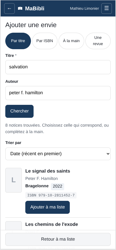 Version ordiphone: Une recherche sur le titre ‘ et l’auteur ‘. Le message ‘ Un menu ‘ réglé sur ‘. Le premier résultat, ‘ de Peter F. Hamilton, Bragelonne 2022, avec son ISBN et un bouton ‘.