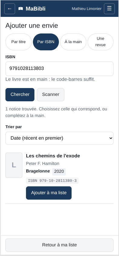 Version ordiphone: L’onglet ‘ est sélectionné. Le champ contient ‘ et l’indication ‘ Deux boutons ‘ et ‘. Le message ‘ et le résultat ‘ de Peter F. Hamilton, Bragelonne 2020, avec un bouton ‘.