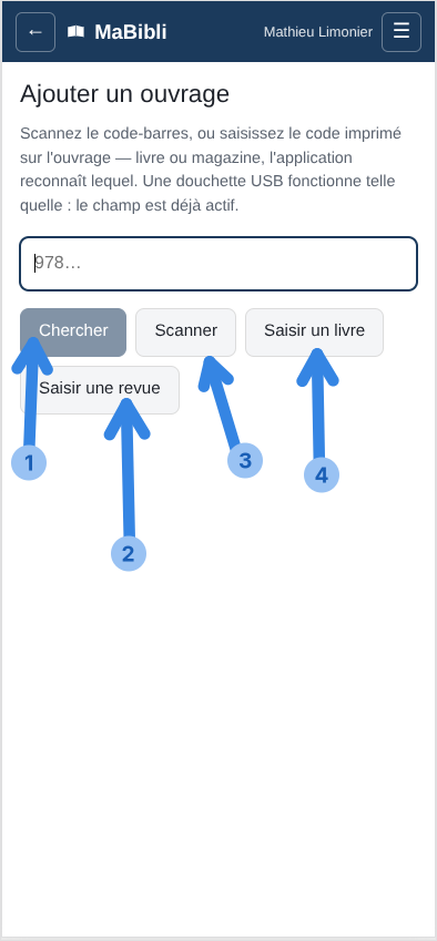 Version ordiphone: L’écran ‘. Un champ de saisie affiche ‘. En dessous, quatre boutons désignés par des flèches et des pastilles numérotées: 1 ‘, 2 ‘, 3 ‘, 4 ‘.