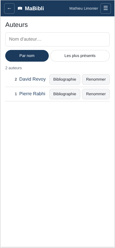 Version ordiphone: L’écran ‘. Un champ de recherche ‘, deux boutons de tri ‘ et ‘, la mention ‘. Puis ‘ et ‘, chacun suivi des boutons ‘ et ‘.