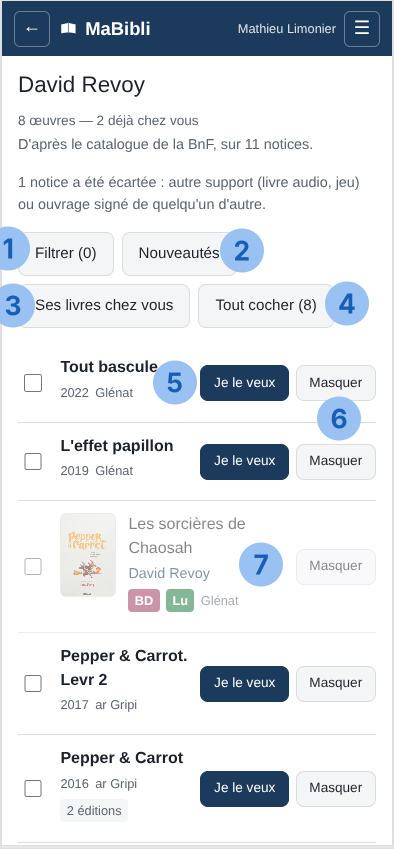 Version ordiphone: L’écran ‘. En haut: ‘, ‘ et ‘ Sept pastilles numérotées désignent: 1 le bouton ‘, 2 le bouton ‘, 3 le bouton ‘, 4 le bouton ‘, 5 un bouton ‘, 6 un bouton ‘, 7 une ligne grisée correspondant à un livre déjà possédé.