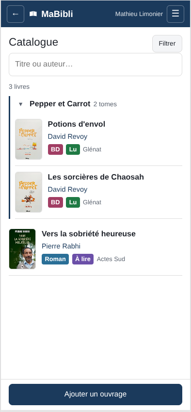 Version ordiphone: L’écran Catalogue. Sous le titre, un bouton ‘ et un champ de recherche ‘. La mention ‘. Puis la série ‘ (2 tomes) contenant ‘ et ‘ de David Revoy, et le livre ‘ de Pierre Rabhi. Tout en bas, un large bouton bleu ‘.