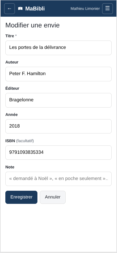 Version ordiphone: L’écran ‘ avec les champs Titre, Auteur, Éditeur, Année, ISBN facultatif et Note. Le champ Note propose les exemples ’. En bas, les boutons ‘ et ‘.