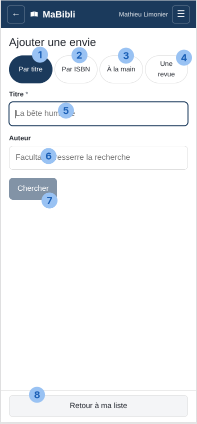 Version ordiphone: L’écran ‘. Huit pastilles numérotées désignent: 1 l’onglet ‘ sélectionné, 2 l’onglet ‘, 3 l’onglet ‘, 4 l’onglet ‘, 5 le champ Titre obligatoire, 6 le champ Auteur facultatif, 7 le bouton ‘, 8 le bouton ‘ en bas.