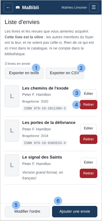 Version ordiphone: L’écran ‘ avec le texte ‘ La mention ‘. Six pastilles numérotées désignent: 1 le bouton ‘, 2 le bouton ‘, 3 un bouton ‘, 4 un bouton rouge ‘, 5 le bouton ‘, 6 le bouton ‘.
