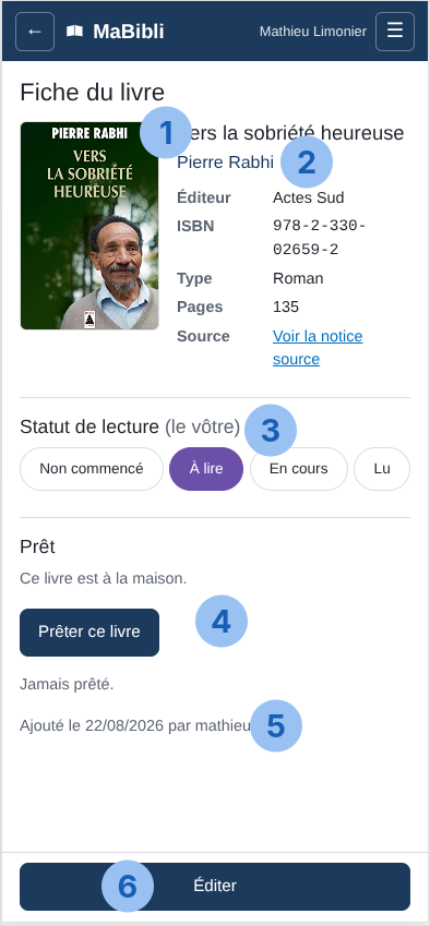 Version ordiphone: La ‘ de ‘ de Pierre Rabhi. Six pastilles numérotées désignent: 1 la couverture, 2 le nom de l’auteur et le bloc d’informations (Éditeur, ISBN, Type, Pages, Source), 3 le statut de lecture, 4 le bouton ‘, 5 la ligne ‘, 6 le bouton ‘ tout en bas.