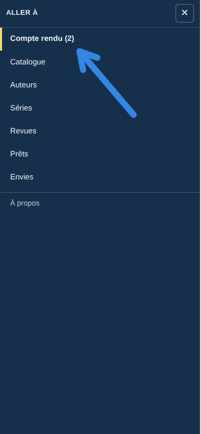 Version ordiphone: Le menu ‘ ouvert, avec l’entrée ‘ surlignée en haut, avant ‘. Une flèche bleue la désigne.