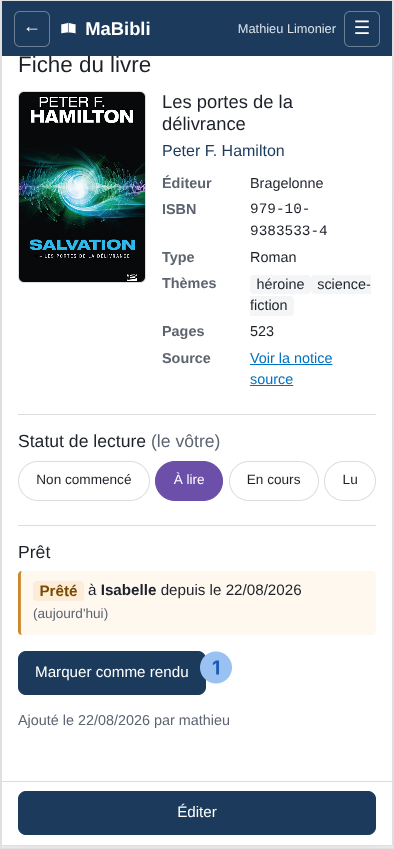Version ordiphone: La fiche de ‘. La section Prêt affiche un bandeau orangé ‘. Une pastille numérotée 1 désigne le bouton ‘.