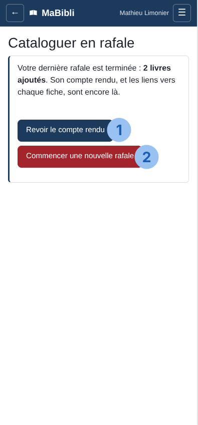 Version ordiphone: L’écran ‘ propose de reprendre : ‘ Deux pastilles numérotées désignent: 1 le bouton ‘, 2 le bouton rouge ‘.