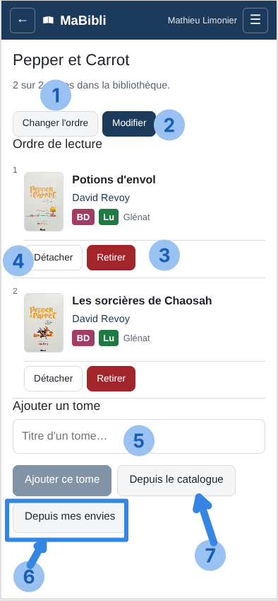 Version ordiphone: L’écran de la série ‘. Sept pastilles numérotées désignent: 1 la ligne ‘, 2 le bouton ‘, 3 un bouton ‘, 4 un bouton ‘, 5 le champ ‘, 6 le bouton ‘, 7 le bouton ‘. On voit aussi le bouton ‘ et la mention ‘.