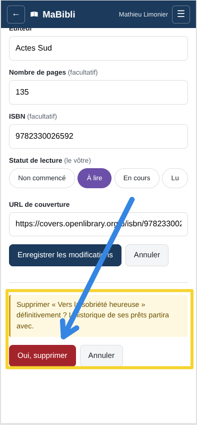 Version ordiphone: Un encadré jaune est apparu. Il contient l’avertissement ‘ et deux boutons: ‘ en rouge et ‘. Une flèche bleue pointe le bouton rouge.